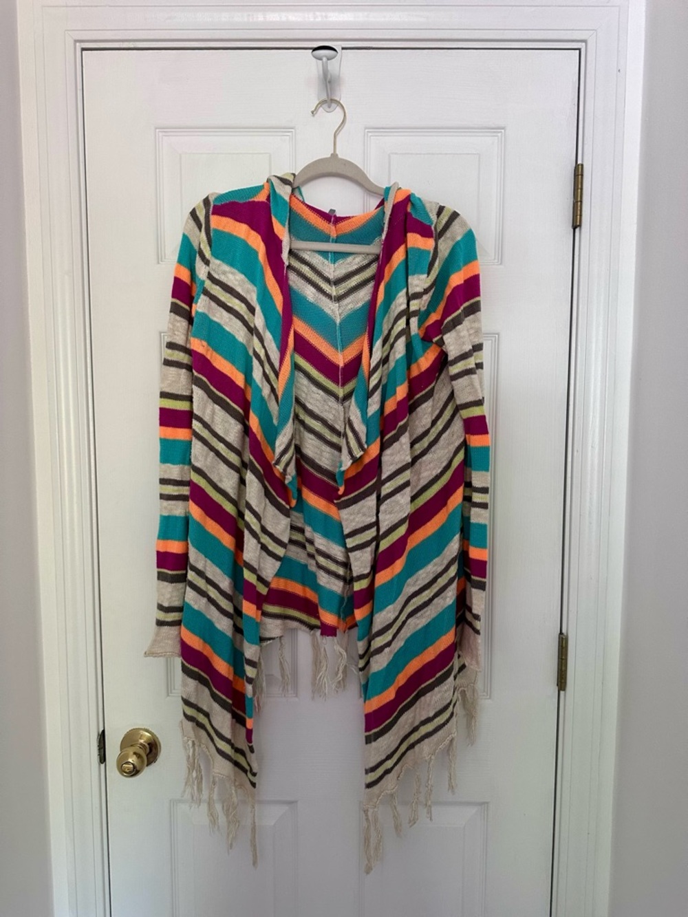 Rip Curl Striped Hooded Open-Front Cardigan in Teal, Fuchsia & Cream